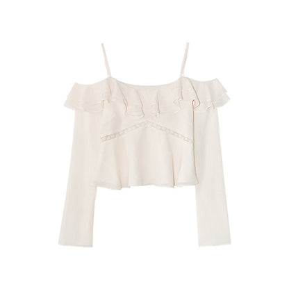 French pure desire ruffle edge small sexy off-the-shoulder suspender chiffon shirt