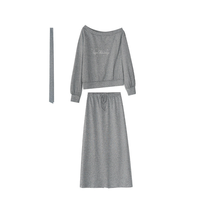 Casual Relaxed Temperament Two-piece Set Slant Neck Off-Shoulder Sweater Set