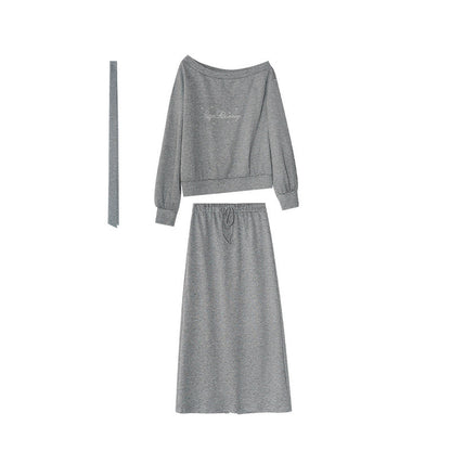 Casual Relaxed Temperament Two-piece Set Slant Neck Off-Shoulder Sweater Set