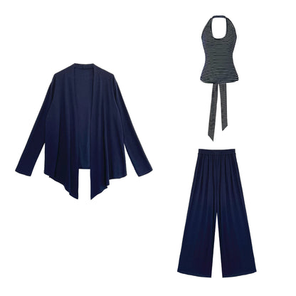 Striped neck vest + shawl cardigan + drape wide-leg pants women's 25 autumn new three-piece set