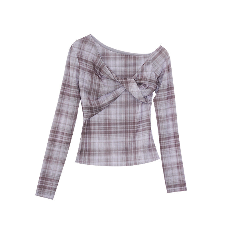 Slim Kink Design Slash Shoulder Plaid Long Sleeve Shirt