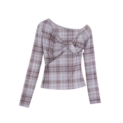 Slim Kink Design Slash Shoulder Plaid Long Sleeve Shirt