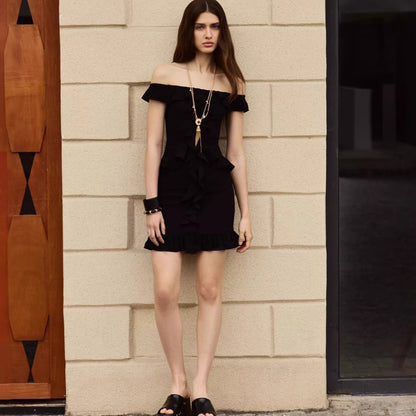 Sexy one-word shoulder dress slim-fitting ruffle edge short skirt wind waist hip skirt
