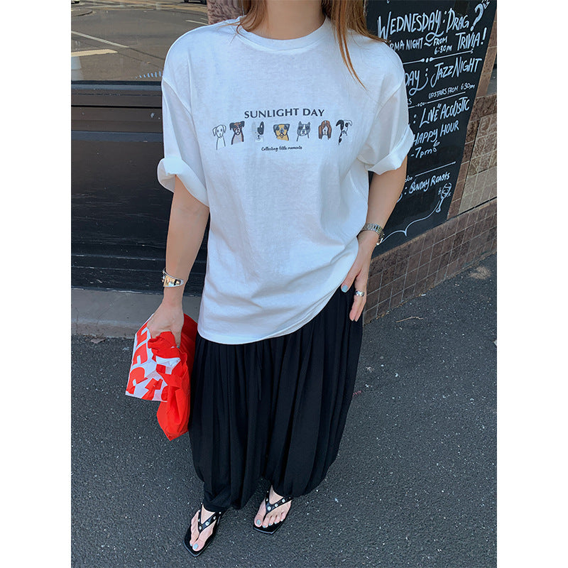 Early Spring Casual Crew Neck Puppy Print Shoulder Short Sleeve T-Shirt Top