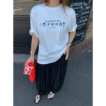 Early Spring Casual Crew Neck Puppy Print Shoulder Short Sleeve T-Shirt Top