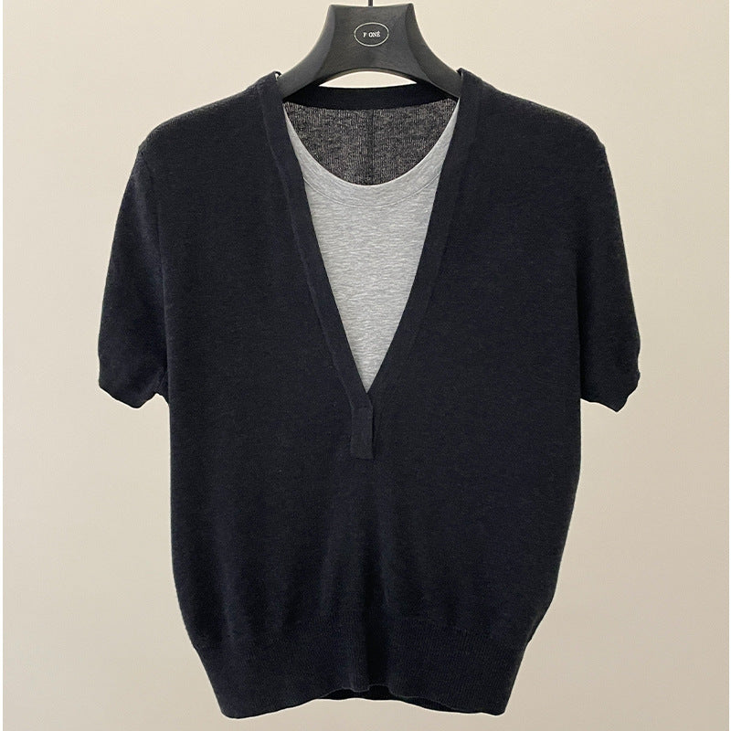 Design sense niche fake two-piece short-sleeved T-shirt spring contrast V-neck knitwear