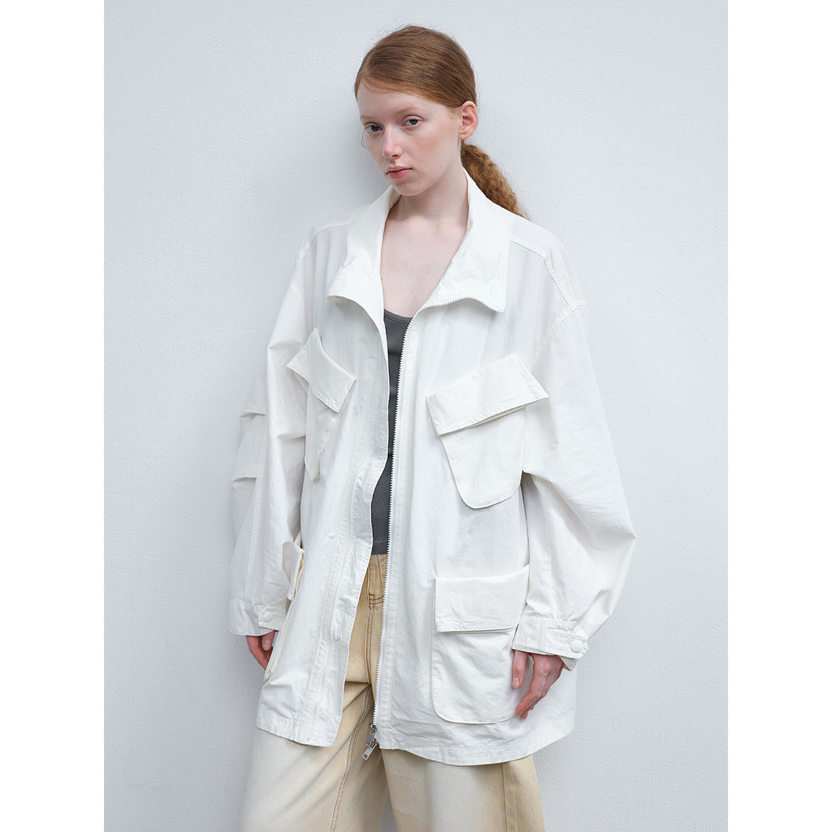 Spring new casual lapel linen cotton solid color tooling multi-pocket long thin coat