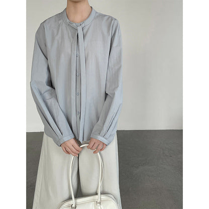 Crew Neck Ribbon Lace-Up Bow Long Sleeve Shirt