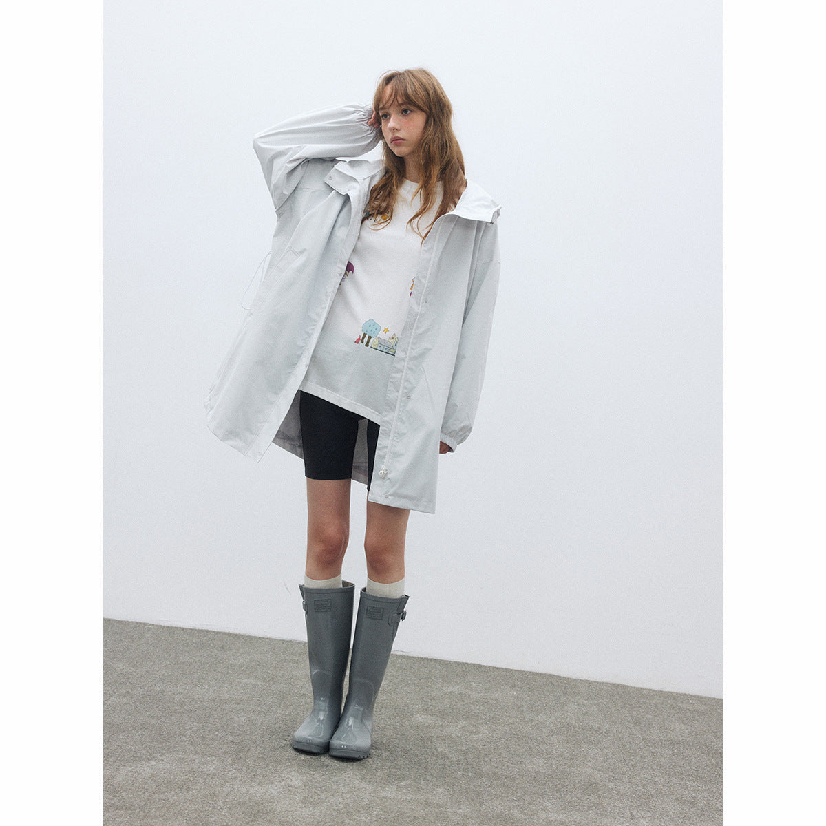Autumn new casual three-proof hooded loose drawstring long charge jacket