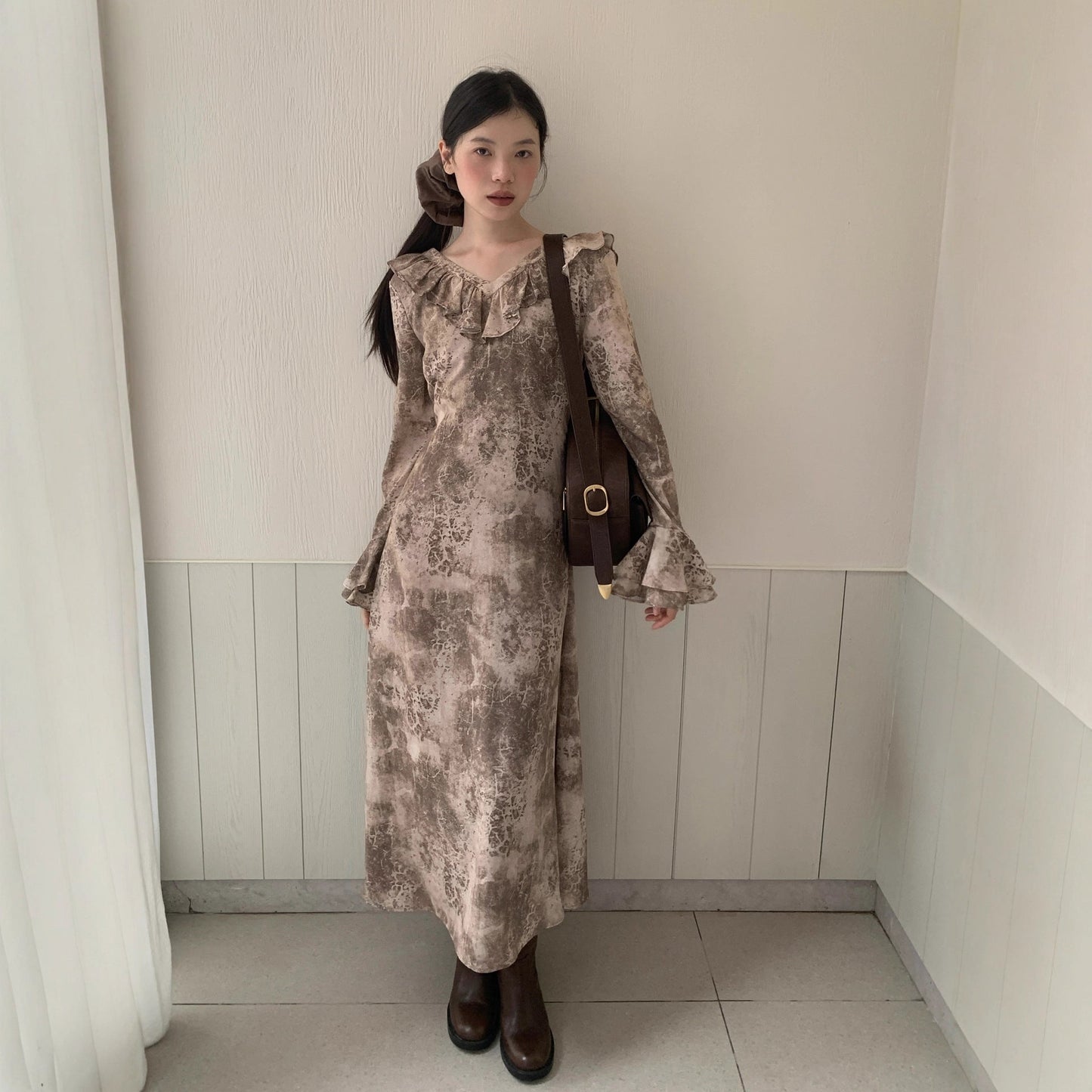 Women's Floral Print Ruffle Collar Flared Sleeve High-Waist Maxi Dress