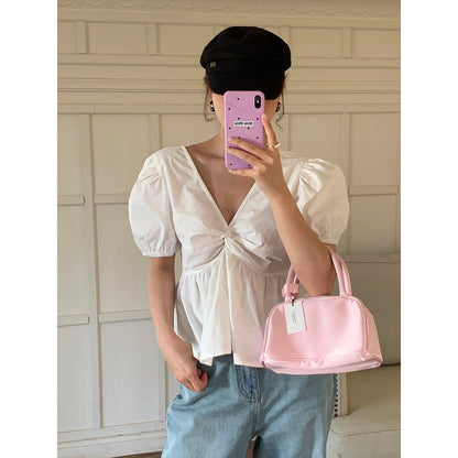 Summer French sweet waist and age-reducing V-neck thin shirt