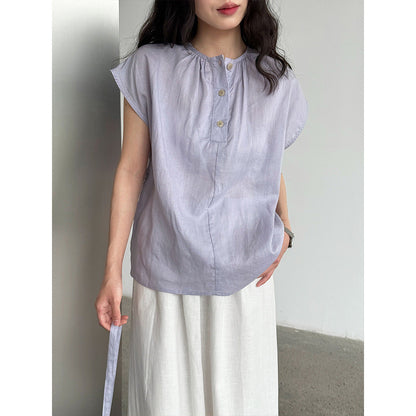 Tencel linen crew neck waist shirt women's summer new sleeveless vest upper belt short-sleeved shirt