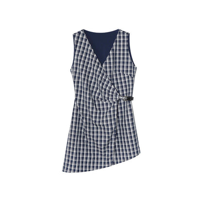 Waist buckle medium and long two wear sleeveless plaid dress
