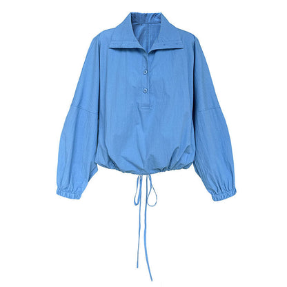 Early autumn new Korean casual pullover lapel shirt women's loose hem drawstring waist top