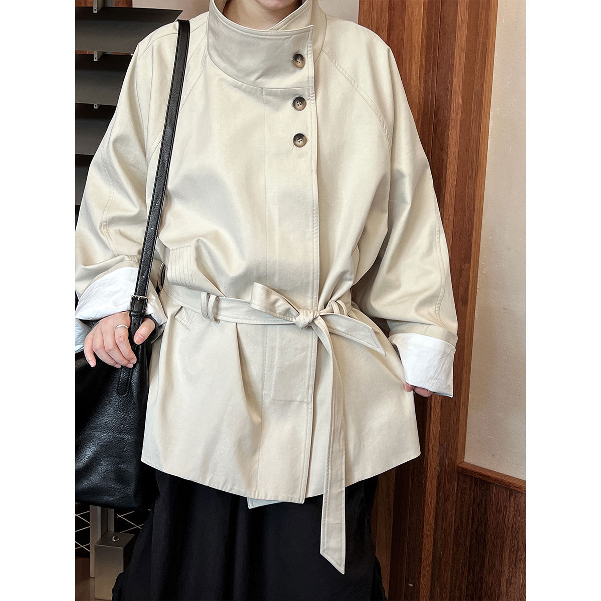 Autumn solid color stand-up collar short trench coat