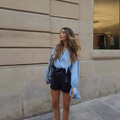 Women's new fashion long-sleeved shirt lapel casual street style top solid color Spice Girl shirt women