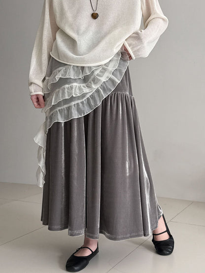 Gentle wind velvet high waist skirt women's 26 early spring new Korean versatile splicing A-shaped skirt