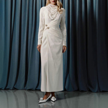 Fashion, sexy and elegant long-sleeved dress, temperament, slim-fitting waist, pleated and split autumn and winter dress