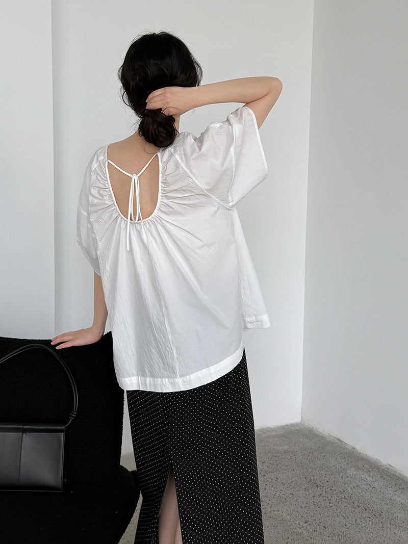 Korean back strap backless age-reducing shirt summer new pleated round neck short-sleeved shirt top