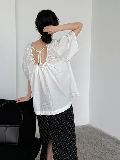 Korean back strap backless age-reducing shirt summer new pleated round neck short-sleeved shirt top