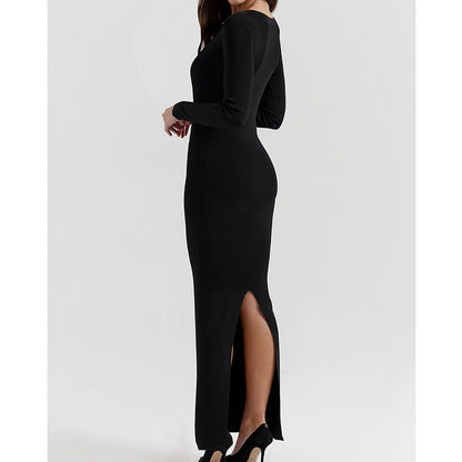 Black long-sleeved knitted dress for women's autumn and winter slim-fitting and thin temperament hip-wrapped long dress waist