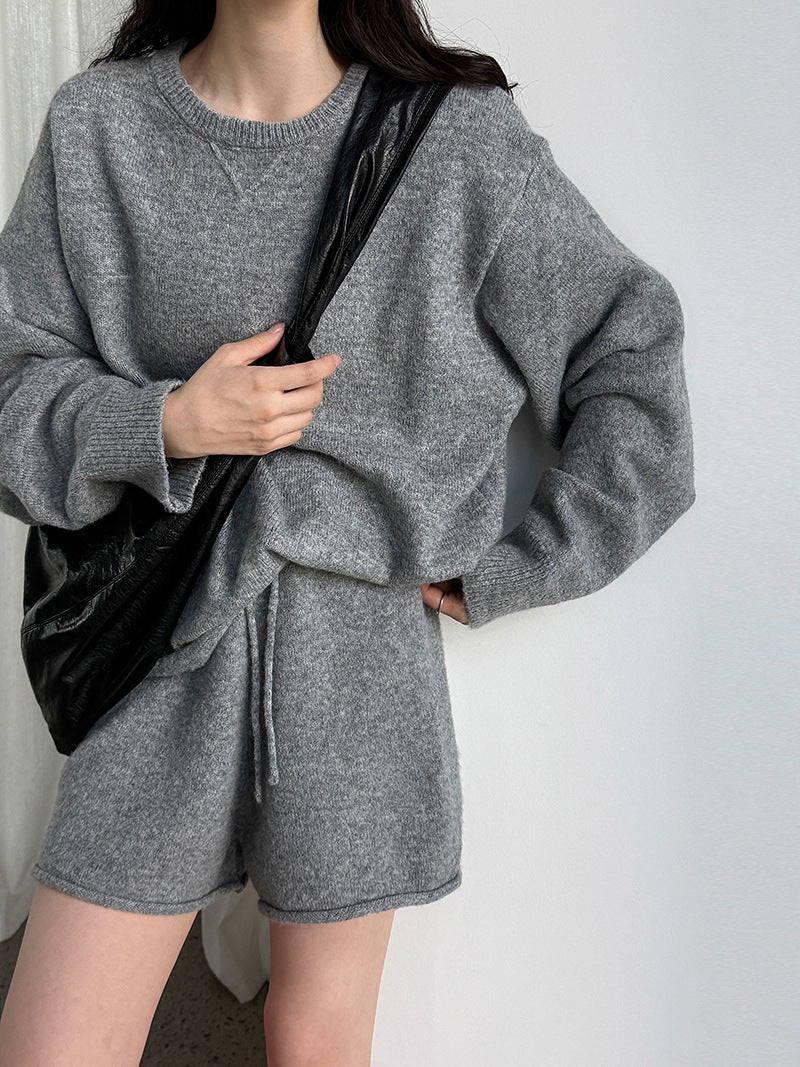 Korean soft waxy wool knitted top + shorts two-piece set