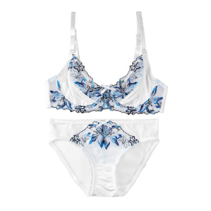Pattern embroidery sexy underwear women's big breasts show small upper support anti-sagging breathable bra set