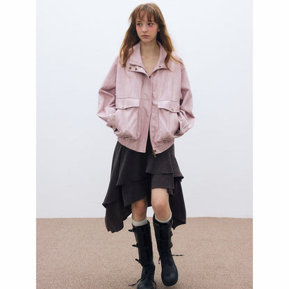 Autumn casual stand-up collar classic retro super soft big pocket versatile leather jacket