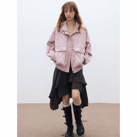 Autumn casual stand-up collar classic retro super soft big pocket versatile leather jacket