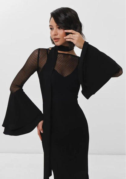Perspective dress high waist hollow round  sexy horn sleeve hip dress