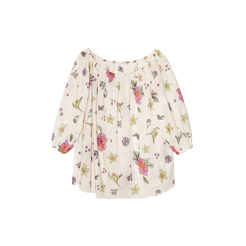Japanese Floral Off-Shoulder Chiffon Top