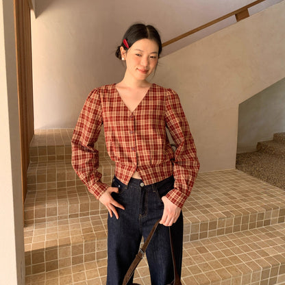 Women's V-Neck Plaid Print Single-Breasted Long Sleeve Cotton Shirt