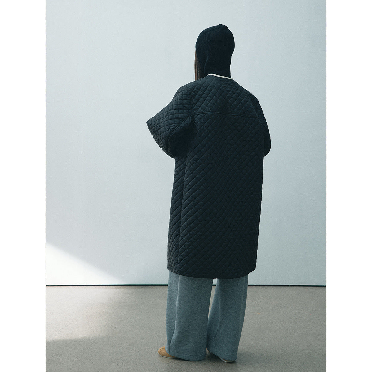 Winter new casual round neck single-breasted quilted contrasting color medium and long cotton jacket