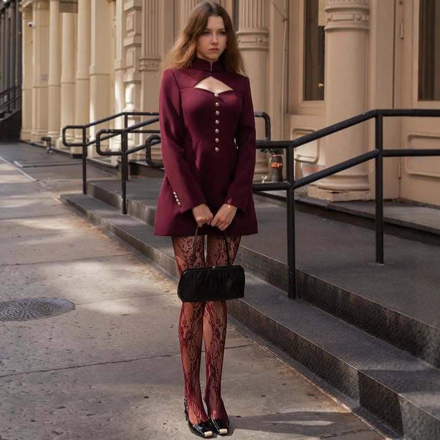 Fashion retro sexy waist small fragrant short skirt slim fit Spice Girl long sleeve dress