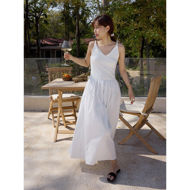 White V-neck suspender splicing dress