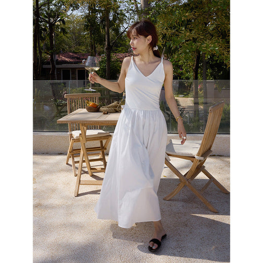 White V-neck suspender splicing dress