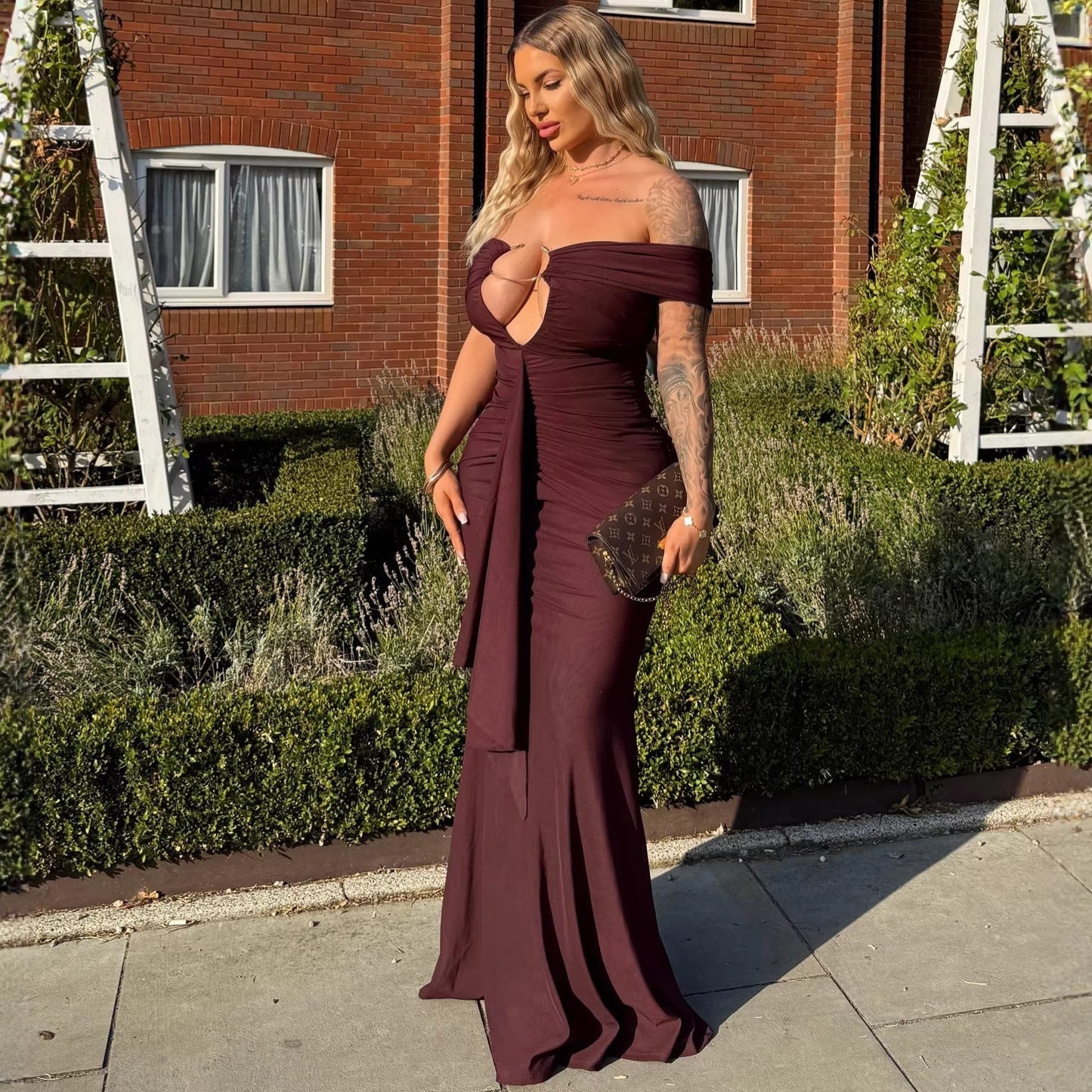 Splicing Ribbon Long Dress Dress Wind Dress Vacation Style One-word Shoulder Buttocks Dress