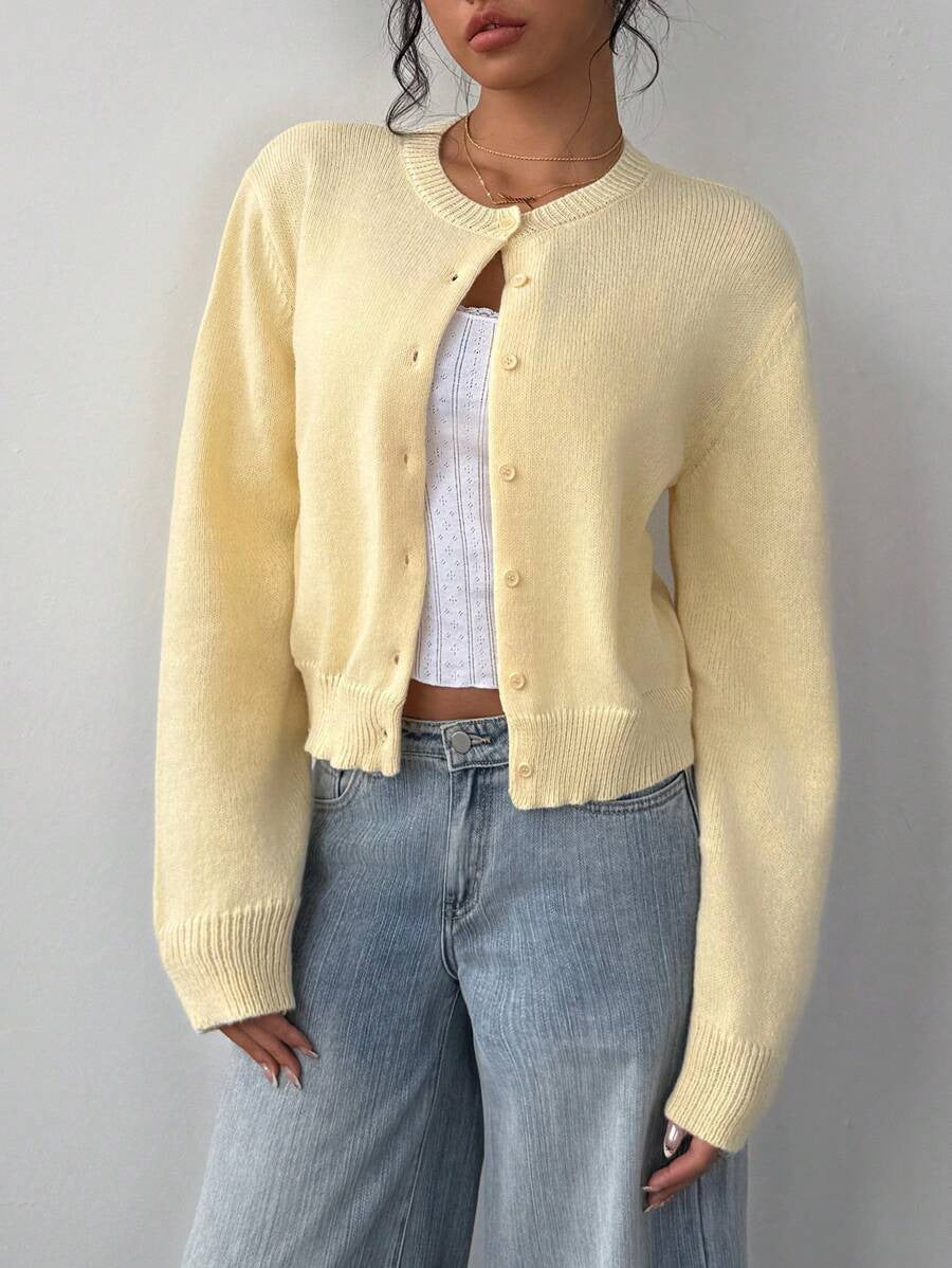 Autumn and winter round neck threaded long-sleeved button women's cardigan jacket sweater soft waxy short loose and thin