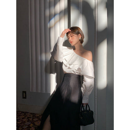 Spring explosion French celebrity temperament slanted shoulder double-layer ruffle edge top