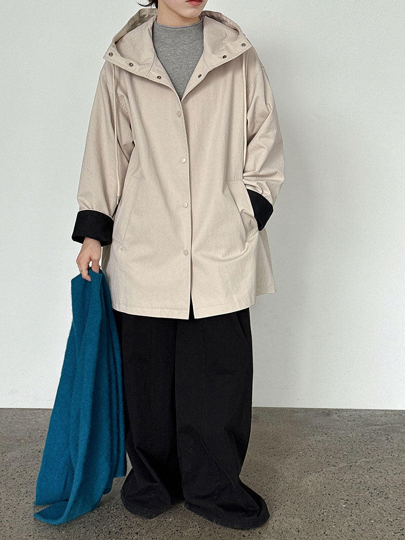 Korean simple contrasting color splicing cuffs casual autumn new hooded loose trench coat