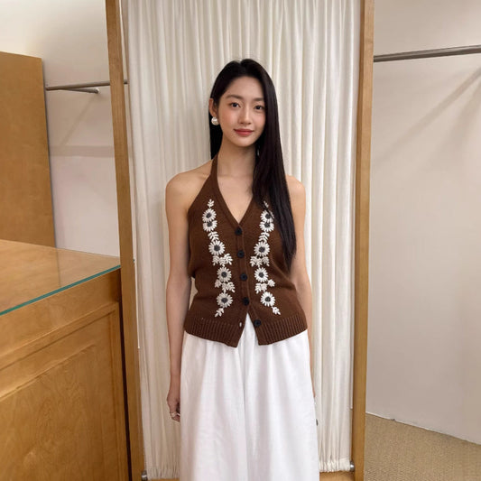 Spice girl sexy backless single-breasted jacquard neck knitted cardigan