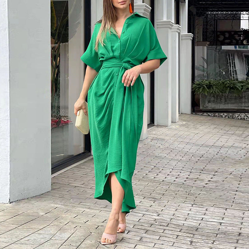 Elegant Lapel Collar Printed High-Waist Maxi Dress