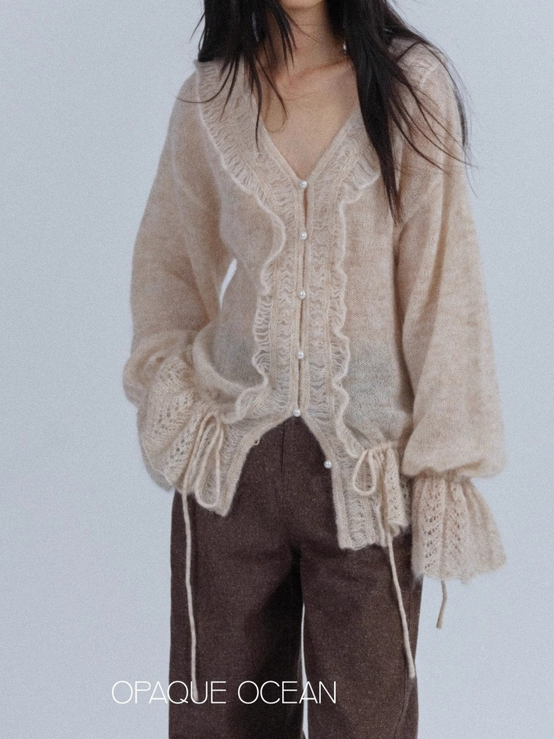 Oversized Mohair Wool Cardigan | V-Neck Drawstring Pearl Button Ruffle Hem