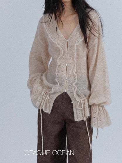 Oversized Mohair Wool Cardigan | V-Neck Drawstring Pearl Button Ruffle Hem