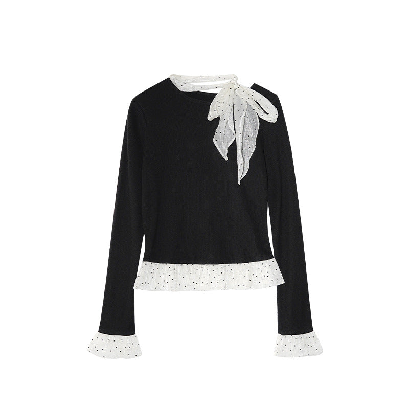 Court style sweet age-reducing bow long-sleeved knitted sweater for women