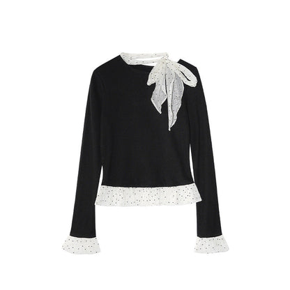 Court style sweet age-reducing bow long-sleeved knitted sweater for women