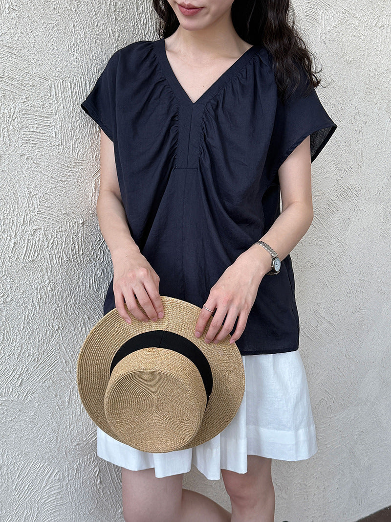 Linen korean style flutter sleeve v-neck blouse - new summer collection, unique design shirt