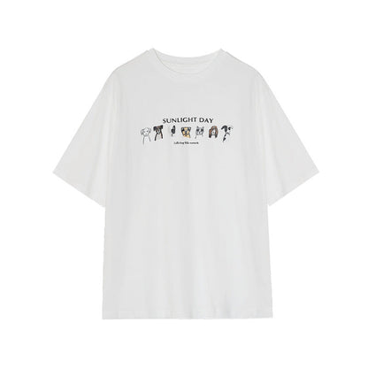 Early Spring Casual Crew Neck Puppy Print Shoulder Short Sleeve T-Shirt Top