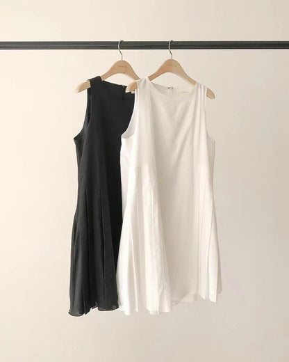 Sleeveless Dress Women Round Neck High Waist Solid Color Sundress