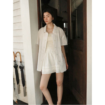 Small white dress lace splicing elastic waist lazy summer short skirt